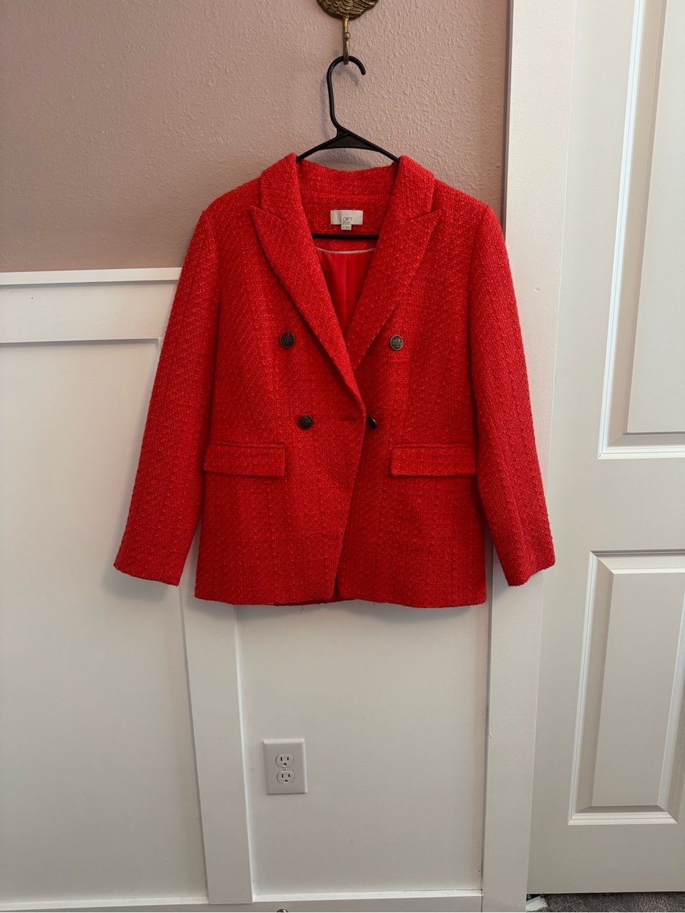 LOFT Red Tweed Double-Breasted Blazer Jacket Structured Workwear